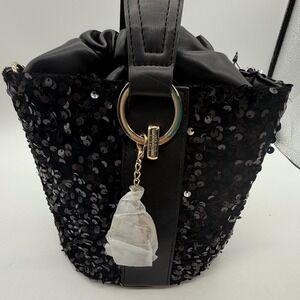 Badgley Mischka Black Sequin Bucket Bag Purse‎ Drawstring Faux Leather $159